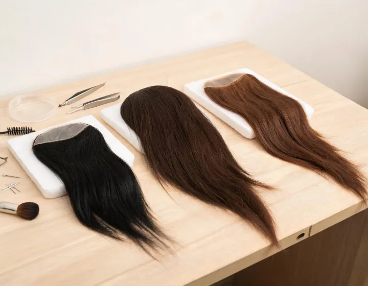 closure wig on a cosmetics bench, illustration only